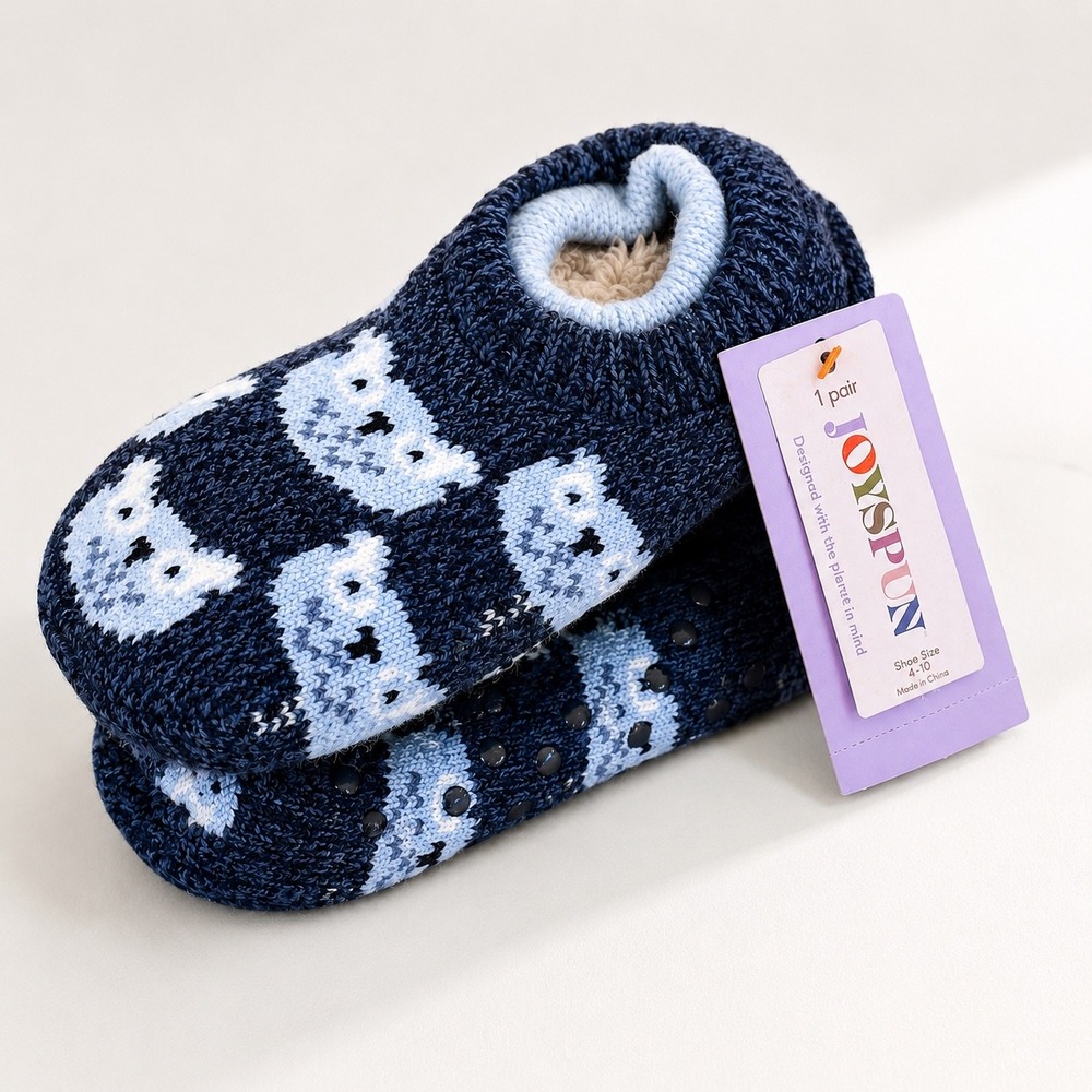 Joyspun Blue Bear Slipper Socks Sherpa Lined Gripper Cozy Sz 4-10 Cabincore